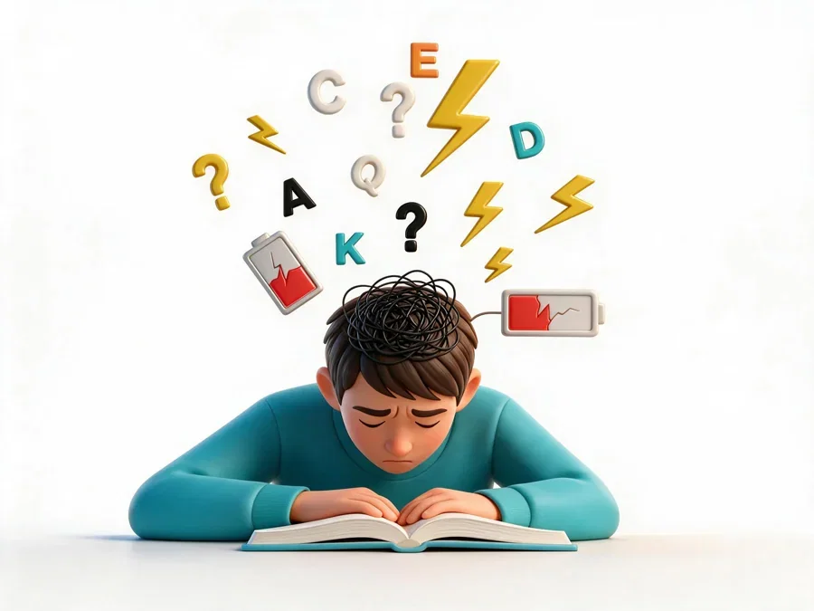 Ein Kind liegt erschöpft über einem aufgeschlagenen Buch, darüber schweben durcheinandergewirbelte Buchstaben, Fragezeichen und leere Batterien