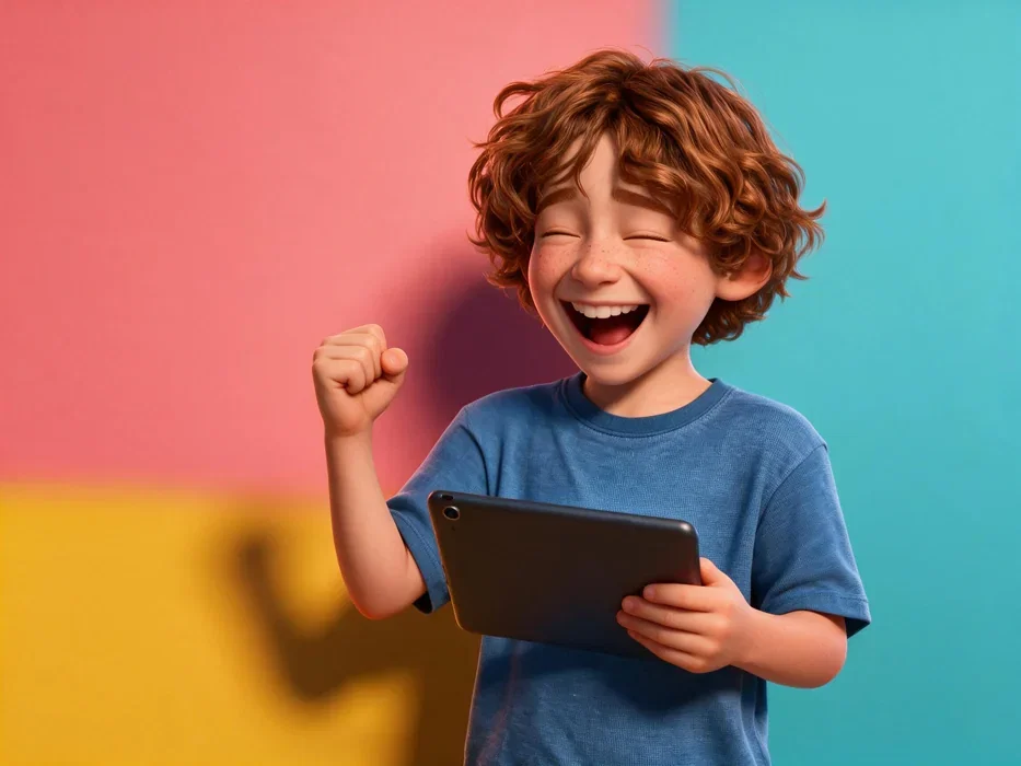 Ein Kind jubelt mit geballter Faust und hält dabei ein Tablet in der Hand