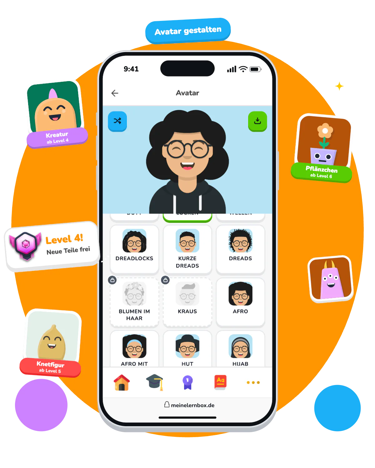 Ein Handy zeigt den Avatar-Editor: Ein Tipp auf „Würfeln“ ergibt einen neuen Avatar mit Locken, Brille und Hoodie. „Level 4!“ schaltet neue Frisuren frei, daneben weitere Figuren: Kreaturen, Knetfiguren und Pflänzchen.