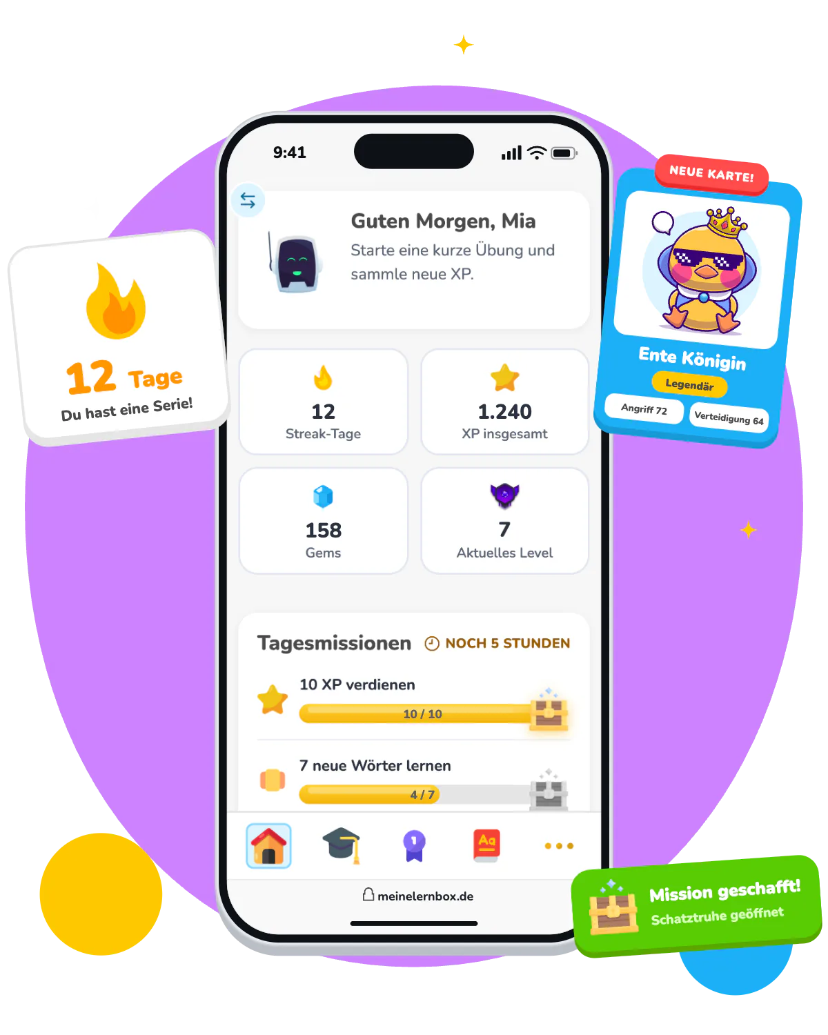 Ein Handy zeigt das Lernkabinett mit 12 Tagen Serie, 1.240 XP, 158 Gems und Level 7, darunter die Tagesmissionen mit einer goldenen Schatztruhe. Daneben die Feier „Du hast eine Serie!“ und die neue Sammelkarte „Ente Königin“.