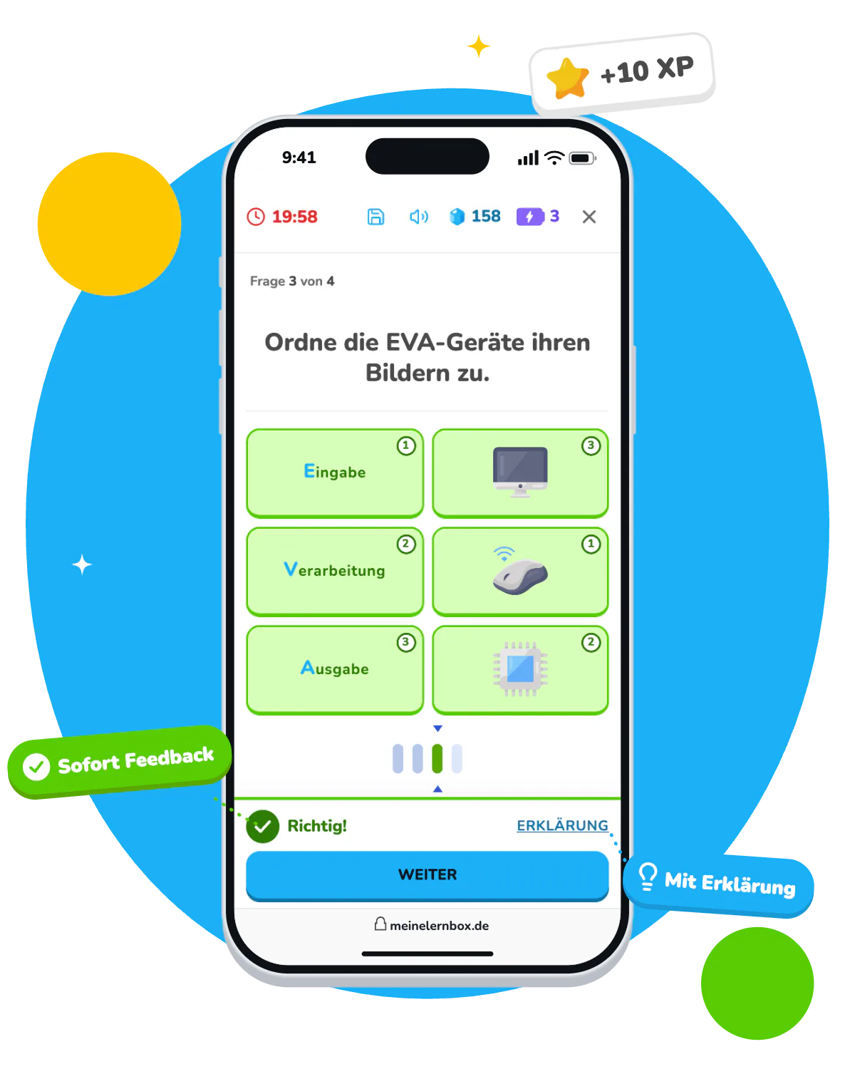 Ein Handy zeigt eine Quizfrage in Informatik: „Ordne die EVA-Geräte ihren Bildern zu.“ Eingabe gehört zur Maus, Verarbeitung zum Prozessor und Ausgabe zum Bildschirm, alle drei Paare sind grün. Unten steht „Richtig!“ mit einer Erklärung, daneben „+10 XP“.
