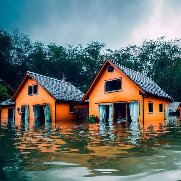 Häuser stehen nach einer Überschwemmung bis zu den Fenstern im Wasser