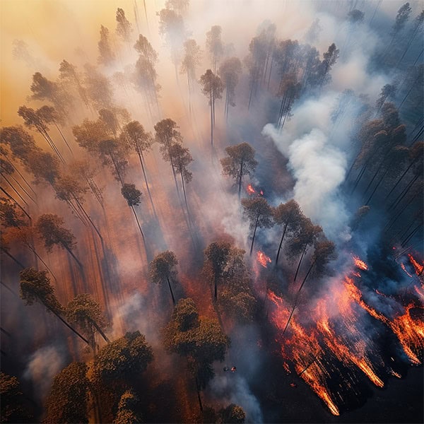 Luftaufnahme eines Waldbrandes mit Flammen und aufsteigendem Rauch