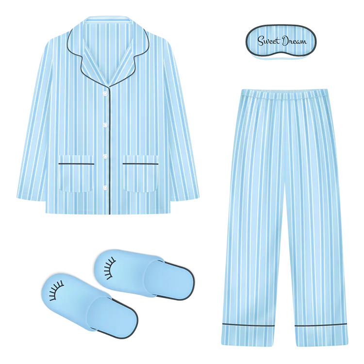 Bild zum Wort „pyjamas“: A loose jacket and trousers that people wear in bed.