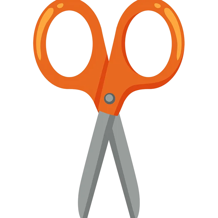 Bild zum Wort „scissors“: A tool with two sharp blades joined in the middle, used for cutting paper, cloth or hair.