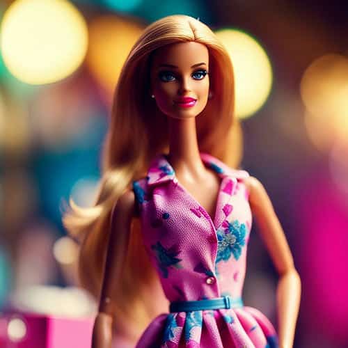 Modepuppe mit langen blonden Haaren und pinkem Blumenkleid