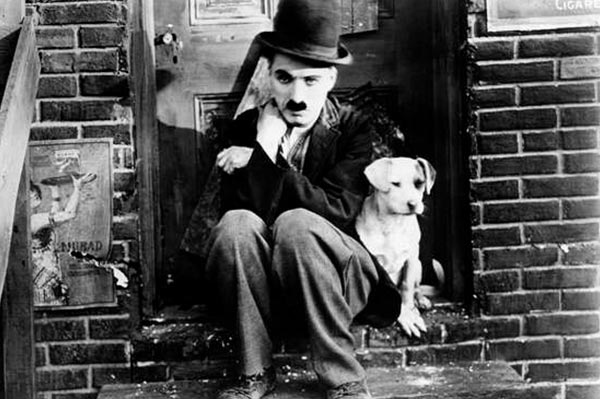 Charlie Chaplin mit einem Hund auf einer Eingangsstufe, Schwarz-Weiß-Aufnahme