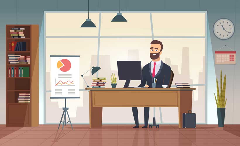 Illustration: Ein Mann im Anzug sitzt an einem Schreibtisch in einem Büro mit Bücherregal und Flipchart