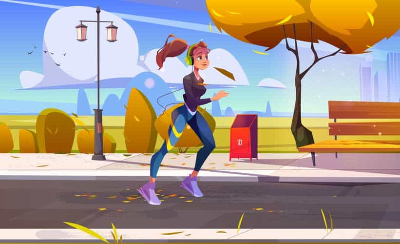 Illustration: Eine Joggerin läuft mit Kopfhörern durch einen herbstlichen Park mit Parkbank und Laterne