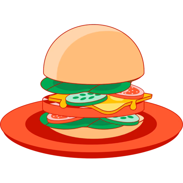 Bild zum Wort „burger“: A flat round piece of minced meat or vegetables, cooked and served in a bread roll.
