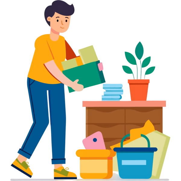 Bild zum Wort „tidy your room“: To make your bedroom neat by putting things back where they belong.