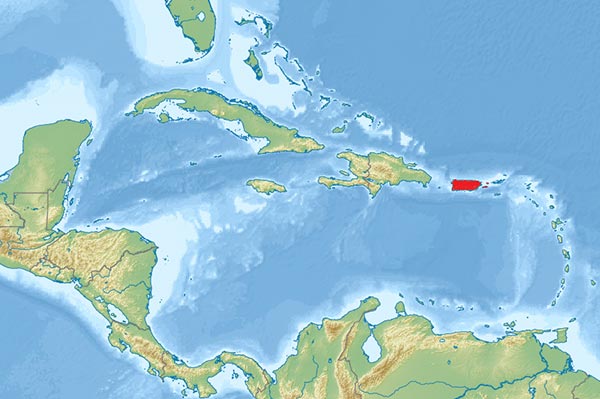 Karte der Karibik mit rot markiertem Puerto Rico